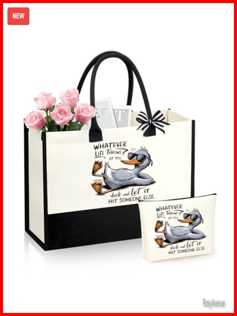 Duck Print Canvas Tote & Makeup Bag Set Reusable Gift for Women
